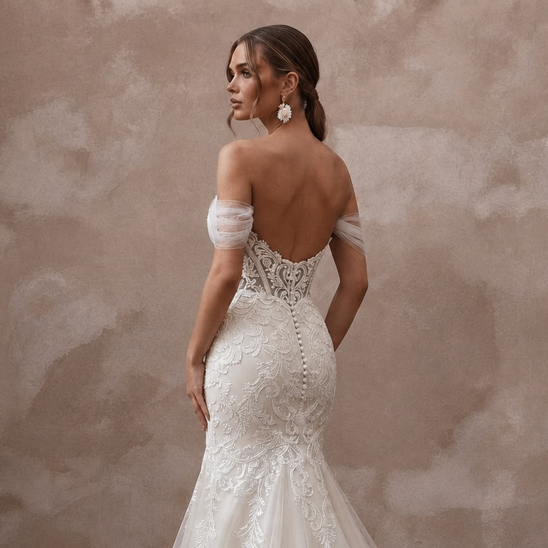 Vintage - Inspired Antique White Embroidered Tulle Fit - and - Flare Bridal Dress - Apparel & Accessories > Clothing > Wedding & Bridal Party Dresses > Wedding Dresses - Mignonette Bridal