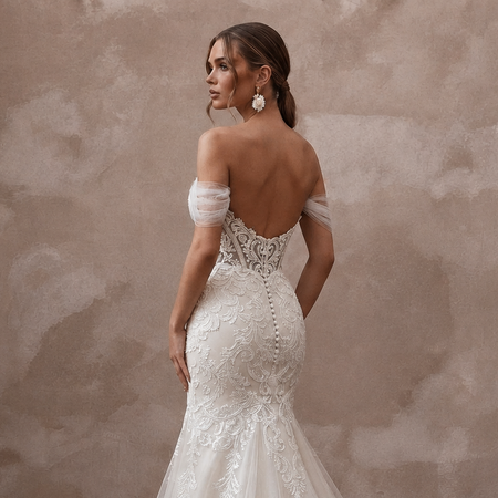Vintage-Inspired Antique White Embroidered Tulle Fit-and-Flare Bridal Dress