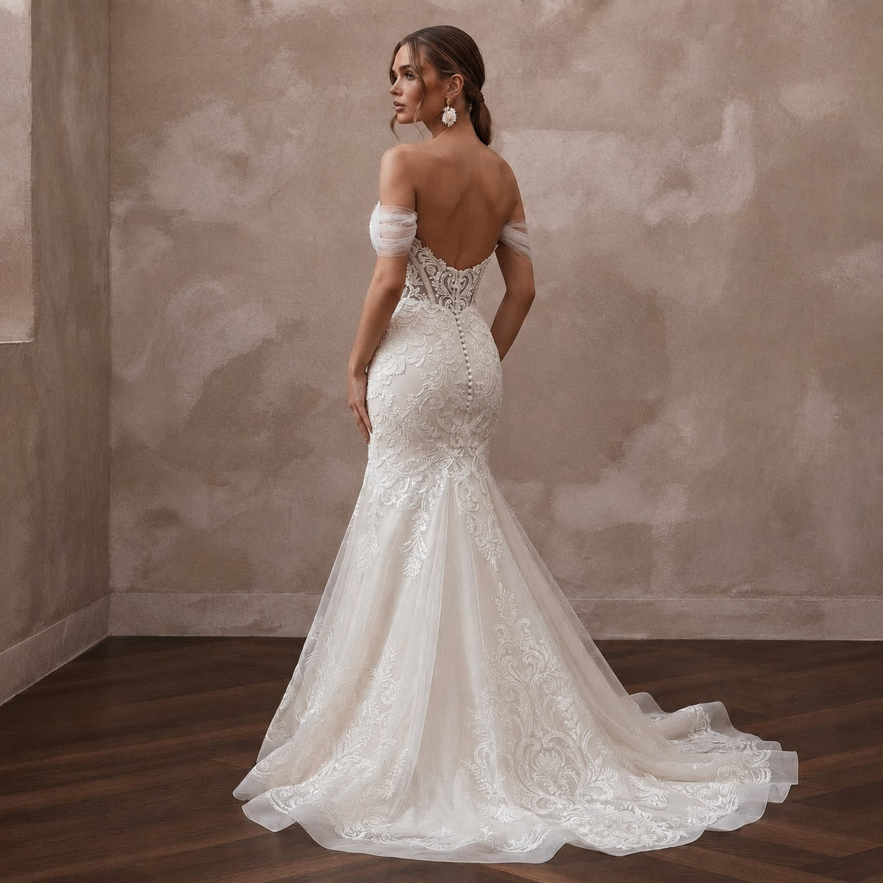 Vintage-Inspired Antique White Embroidered Tulle Fit-and-Flare Bridal Dress Secondary image