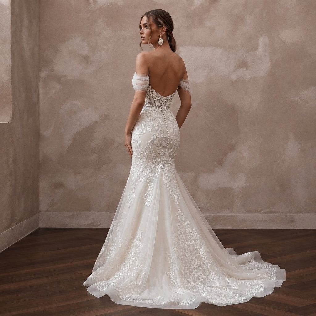 Vintage - Inspired Antique White Embroidered Tulle Fit - and - Flare Bridal Dress - Apparel & Accessories > Clothing > Wedding & Bridal Party Dresses > Wedding Dresses - Mignonette Bridal