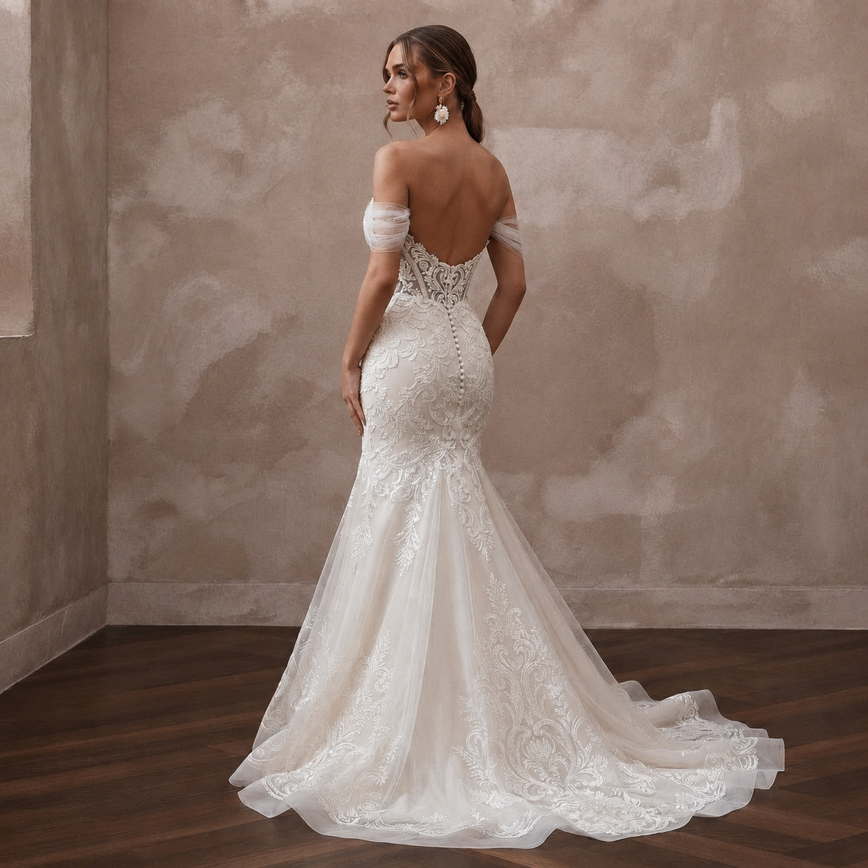 Vintage-Inspired Antique White Embroidered Tulle Fit-and-Flare Bridal Dress