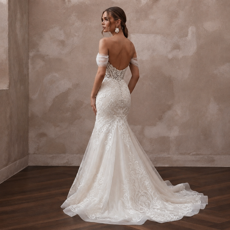 Vintage-Inspired Antique White Embroidered Tulle Fit-and-Flare Bridal Dress
