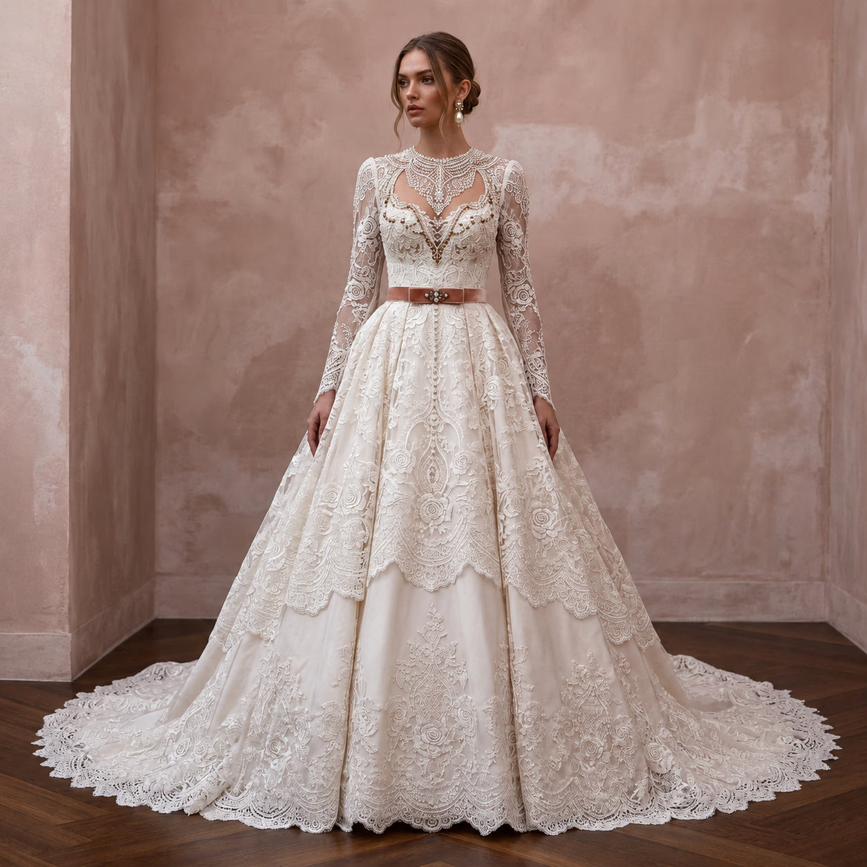 Vintage - Inspired Antique White Lace Ball Gown Bridal Dress for Themed Elopement - Apparel & Accessories > Clothing > Wedding & Bridal Party Dresses > Wedding Dresses - Mignonette Bridal Main image