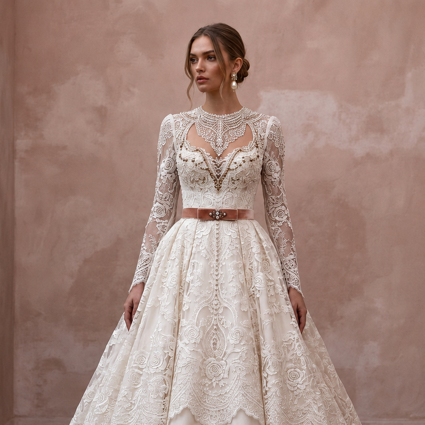 Vintage-Inspired Antique White Lace Ball Gown Bridal Dress for Themed Elopement
