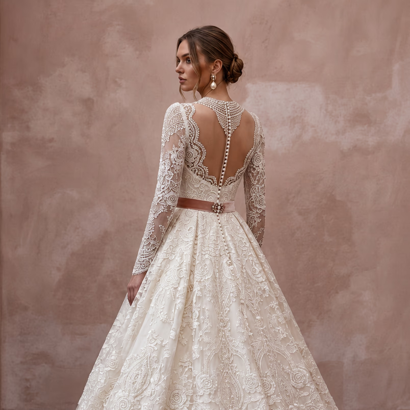 Vintage - Inspired Antique White Lace Ball Gown Bridal Dress for Themed Elopement - Apparel & Accessories > Clothing > Wedding & Bridal Party Dresses > Wedding Dresses - Mignonette Bridal