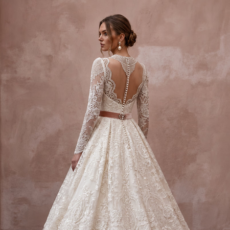 Vintage - Inspired Antique White Lace Ball Gown Bridal Dress for Themed Elopement - Apparel & Accessories > Clothing > Wedding & Bridal Party Dresses > Wedding Dresses - Mignonette Bridal