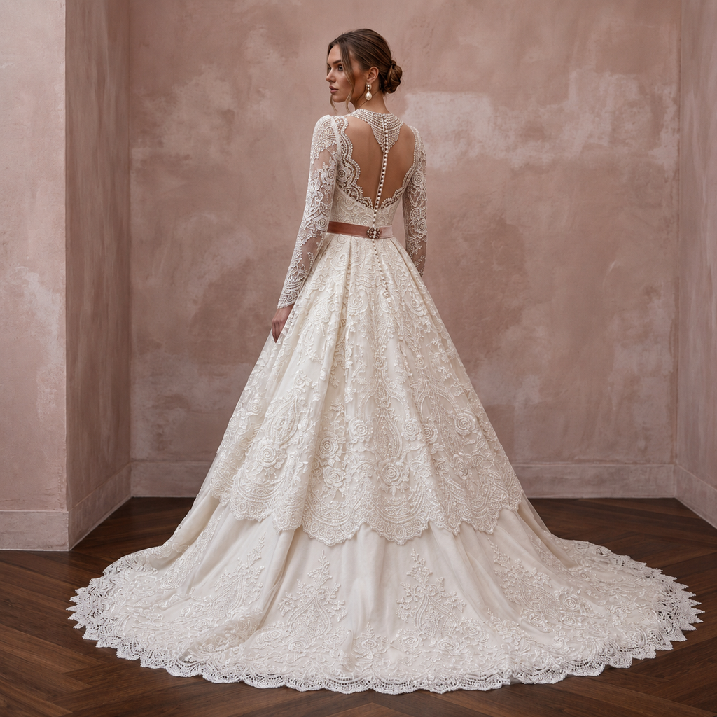 Vintage-Inspired Antique White Lace Ball Gown Bridal Dress for Themed Elopement