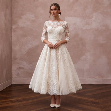 Vintage-Inspired Antique White Lace Tea-Length Wedding Dress for Elopement