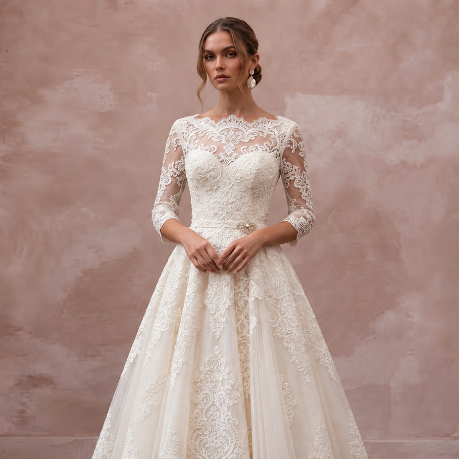 Vintage-Inspired Antique White Lace Tea-Length Wedding Dress for Elopement