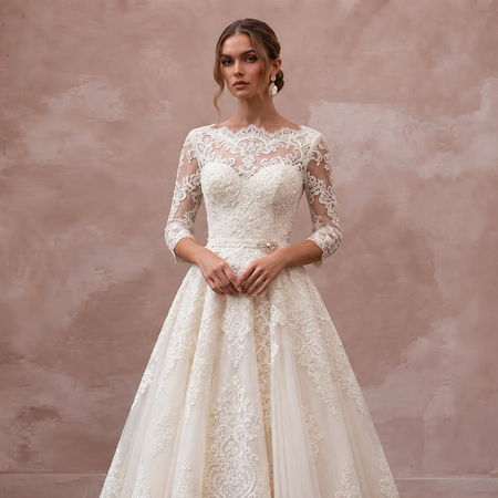 Vintage-Inspired Antique White Lace Tea-Length Wedding Dress for Elopement