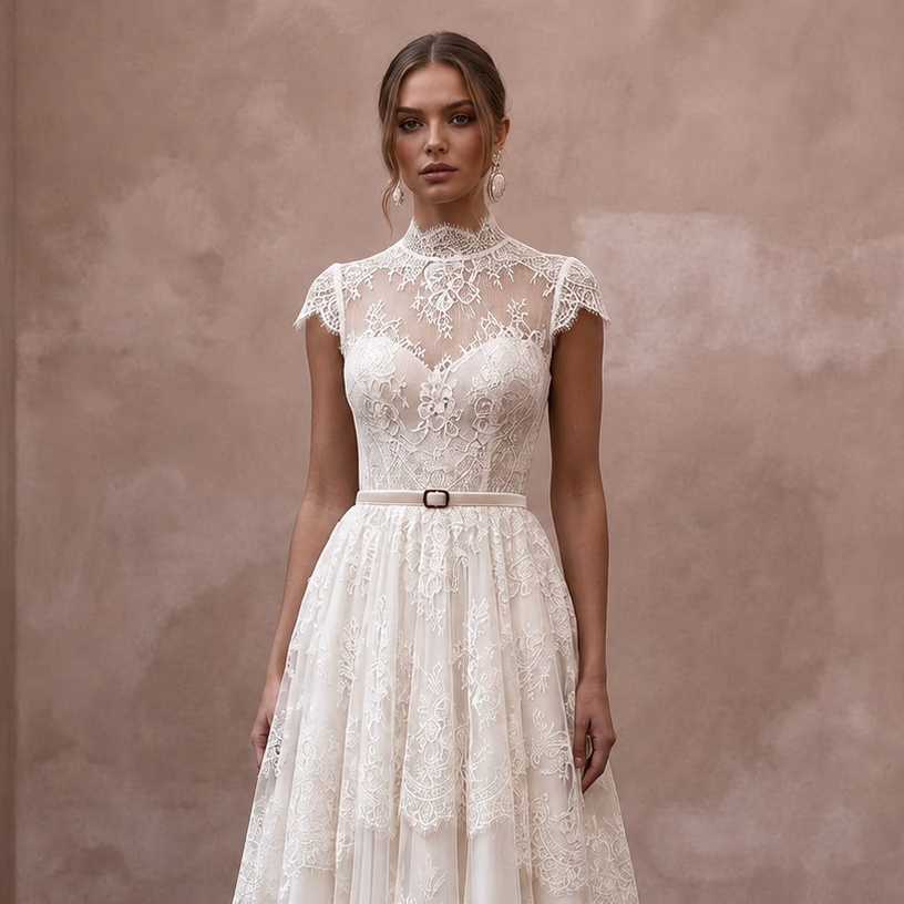 Vintage - Inspired Antique White Lace Tea - Length for Elopement - Apparel & Accessories > Clothing > Wedding & Bridal Party Dresses > Wedding Dresses - Mignonette Bridal