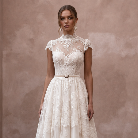 Vintage-Inspired Antique White Lace Tea-Length for Elopement