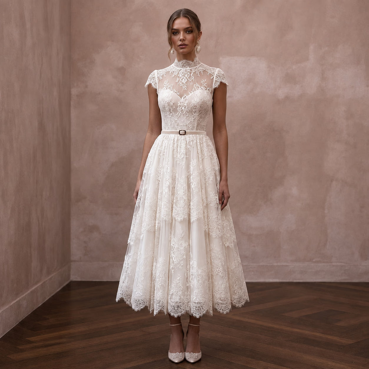 Vintage - Inspired Antique White Lace Tea - Length for Elopement - Apparel & Accessories > Clothing > Wedding & Bridal Party Dresses > Wedding Dresses - Mignonette Bridal Main image