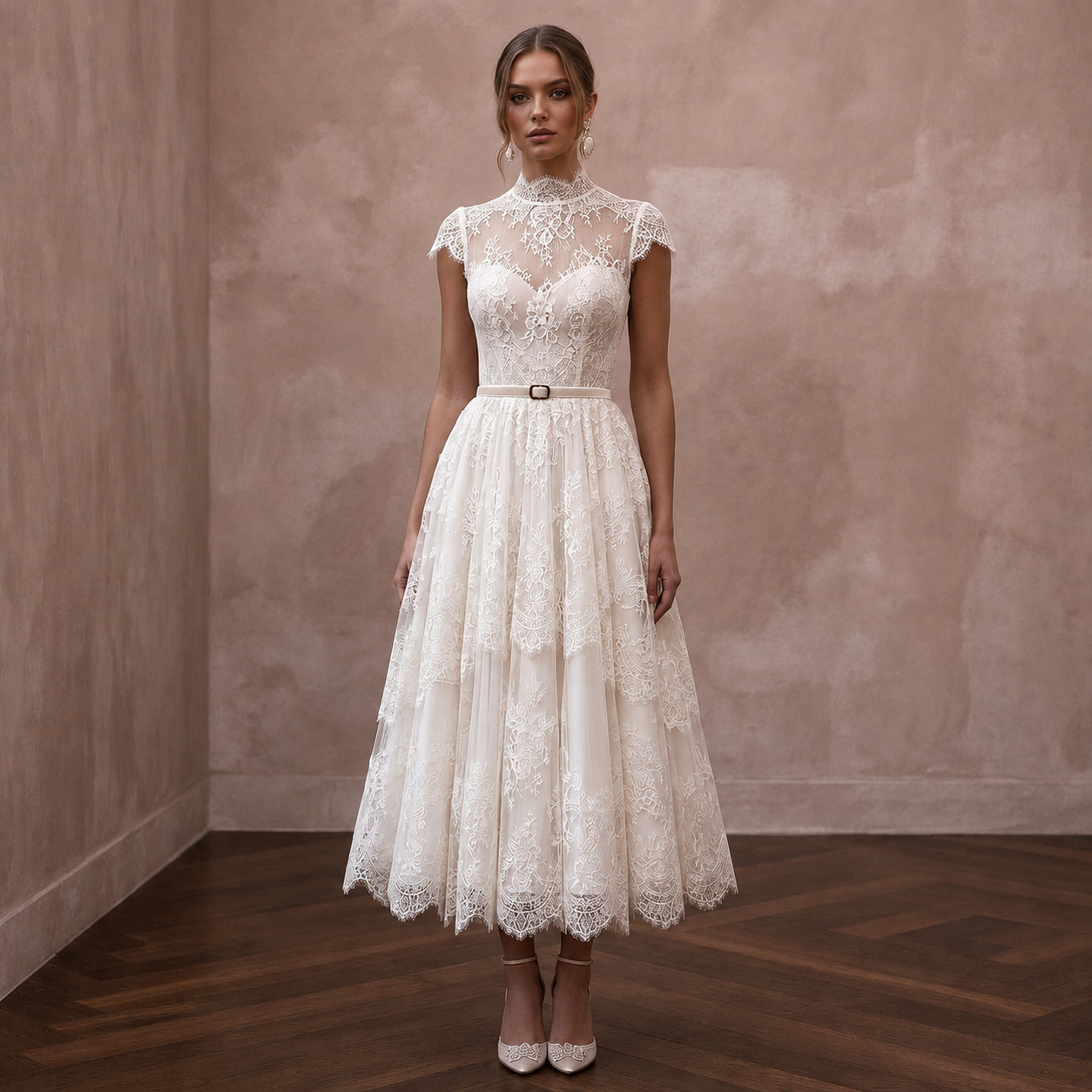 Vintage-Inspired Antique White Lace Tea-Length for Elopement Main image