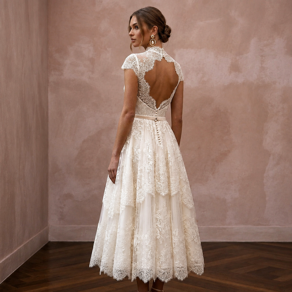 Vintage-Inspired Antique White Lace Tea-Length for Elopement