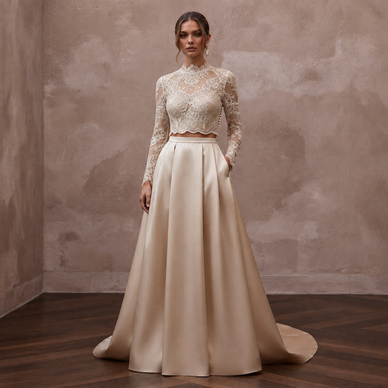 Vintage - Inspired Champagne Lace Bodysuit & Satin Skirt Set - Apparel & Accessories > Clothing > Wedding & Bridal Party Dresses > Wedding Dresses - Mignonette Bridal Main image