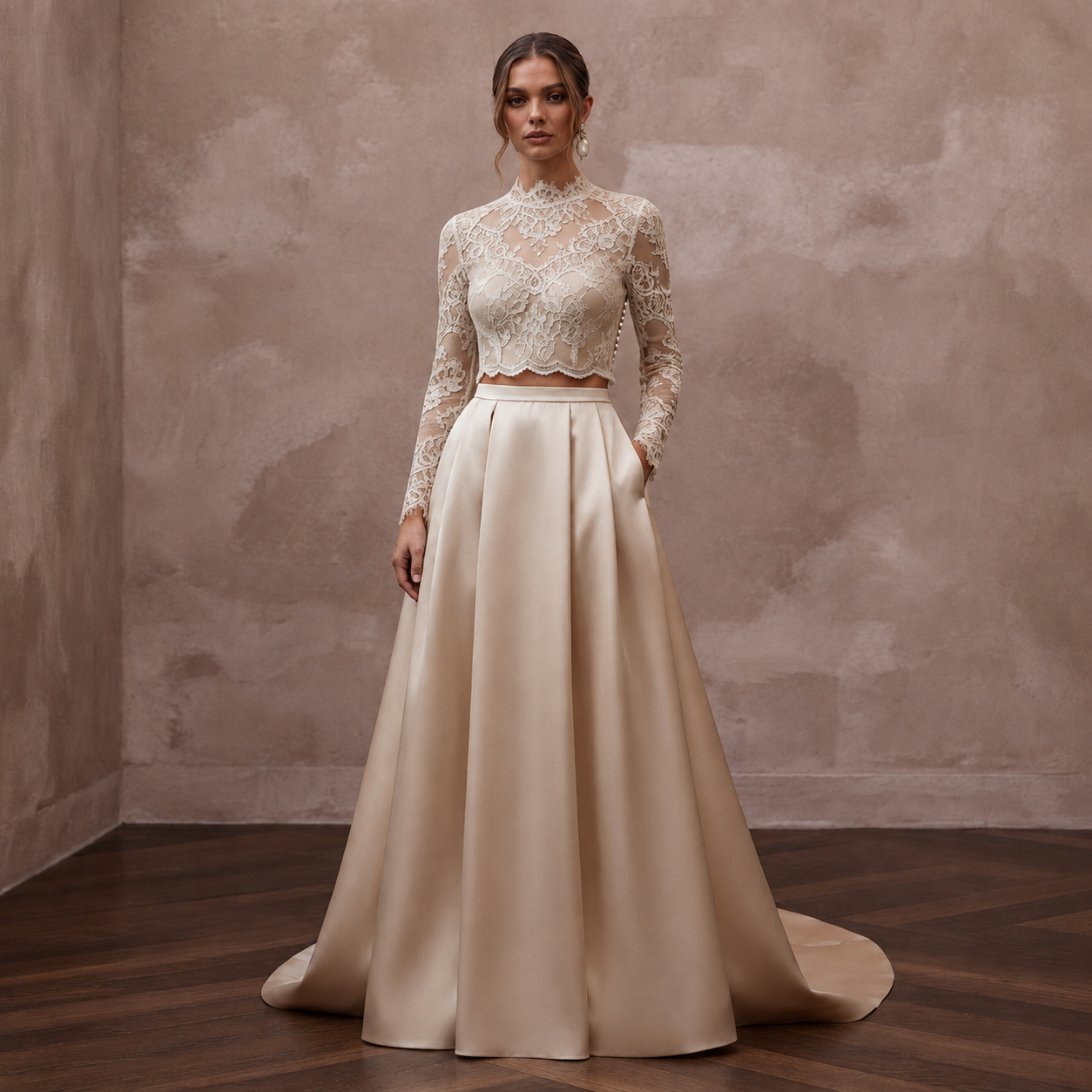 Vintage-Inspired Champagne Lace Bodysuit & Satin Skirt Set Main image
