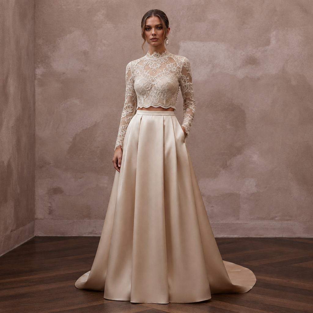 Vintage-Inspired Champagne Lace Bodysuit & Satin Skirt Set