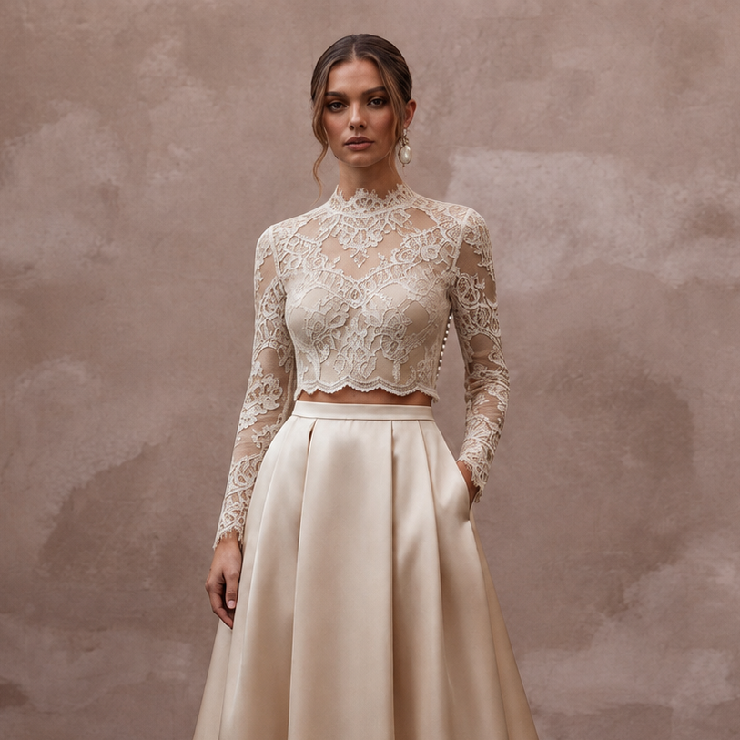 Vintage-Inspired Champagne Lace Bodysuit & Satin Skirt Set