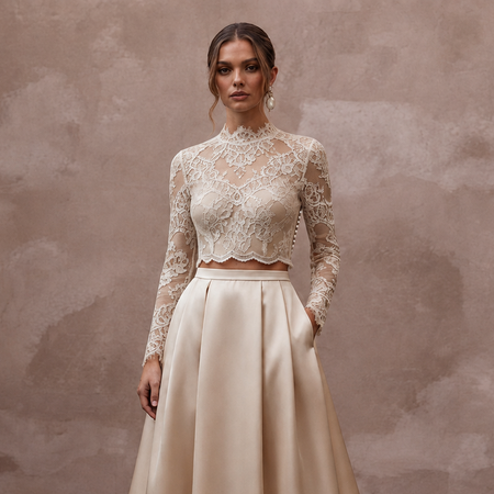 Vintage-Inspired Champagne Lace Bodysuit & Satin Skirt Set