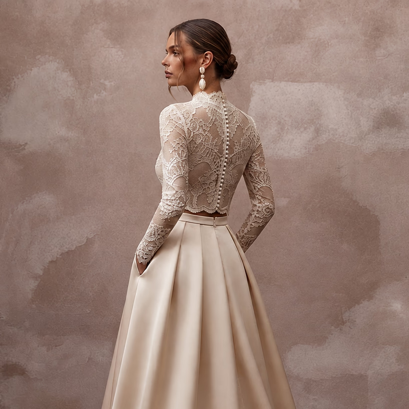 Vintage - Inspired Champagne Lace Bodysuit & Satin Skirt Set - Apparel & Accessories > Clothing > Wedding & Bridal Party Dresses > Wedding Dresses - Mignonette Bridal
