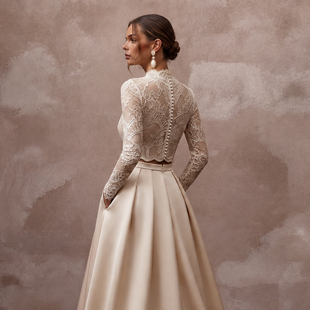 Vintage - Inspired Champagne Lace Bodysuit & Satin Skirt Set - Apparel & Accessories > Clothing > Wedding & Bridal Party Dresses > Wedding Dresses - Mignonette Bridal