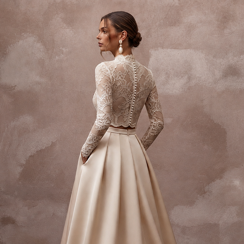 Vintage-Inspired Champagne Lace Bodysuit & Satin Skirt Set