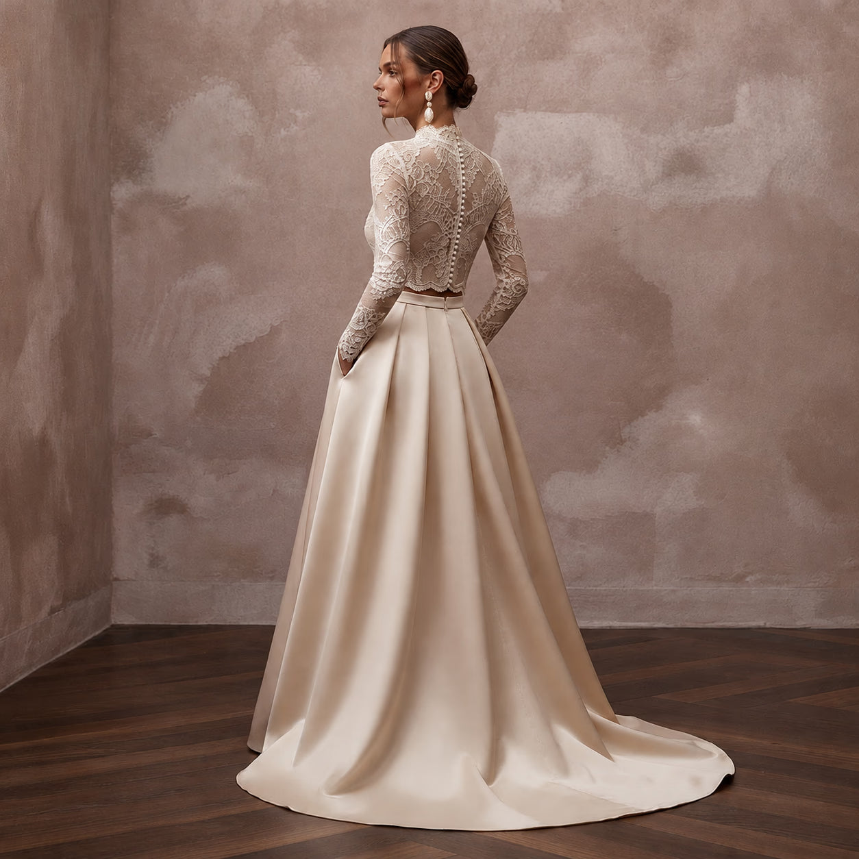 Vintage-Inspired Champagne Lace Bodysuit & Satin Skirt Set Secondary image