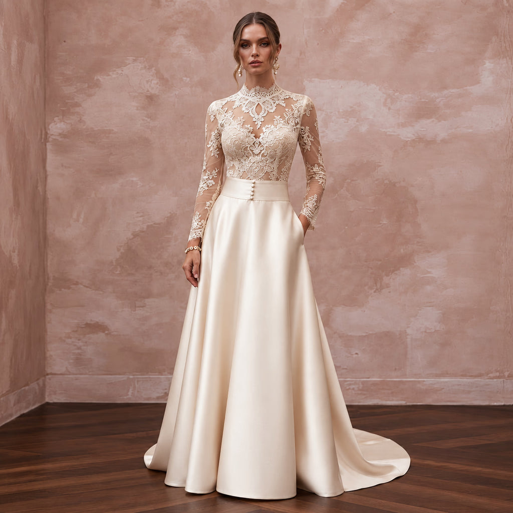Vintage-Inspired Champagne Lace Bridal Bodysuit & Satin Skirt Set
