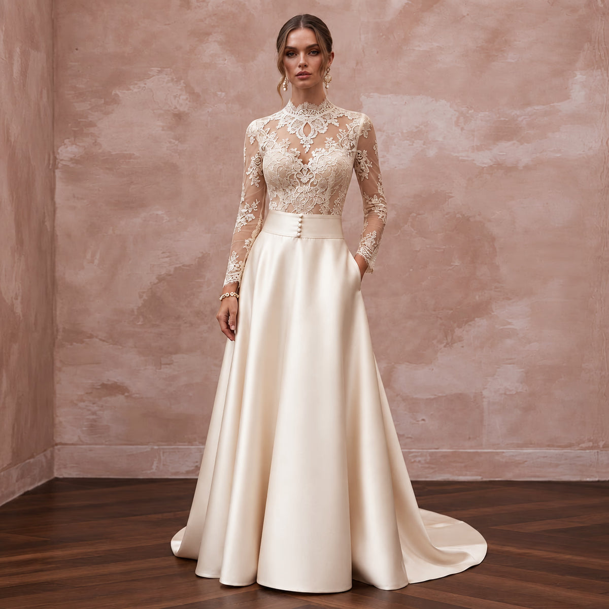 Vintage-Inspired Champagne Lace Bridal Bodysuit & Satin Skirt Set