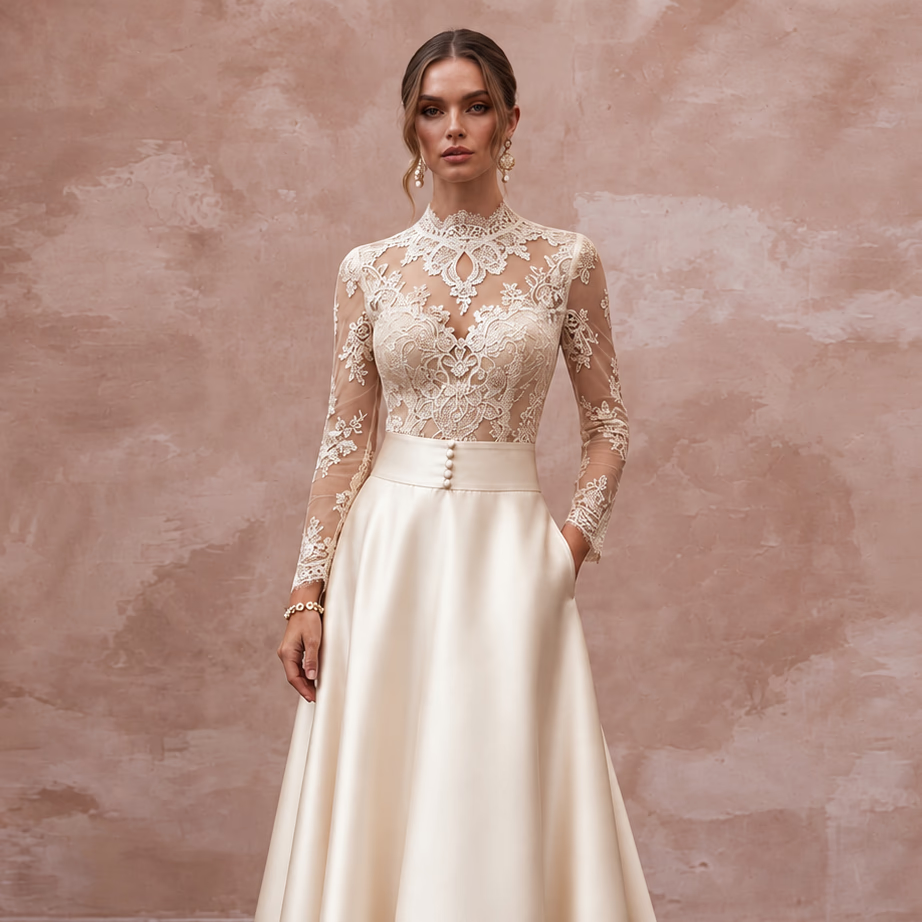 Vintage-Inspired Champagne Lace Bridal Bodysuit & Satin Skirt Set