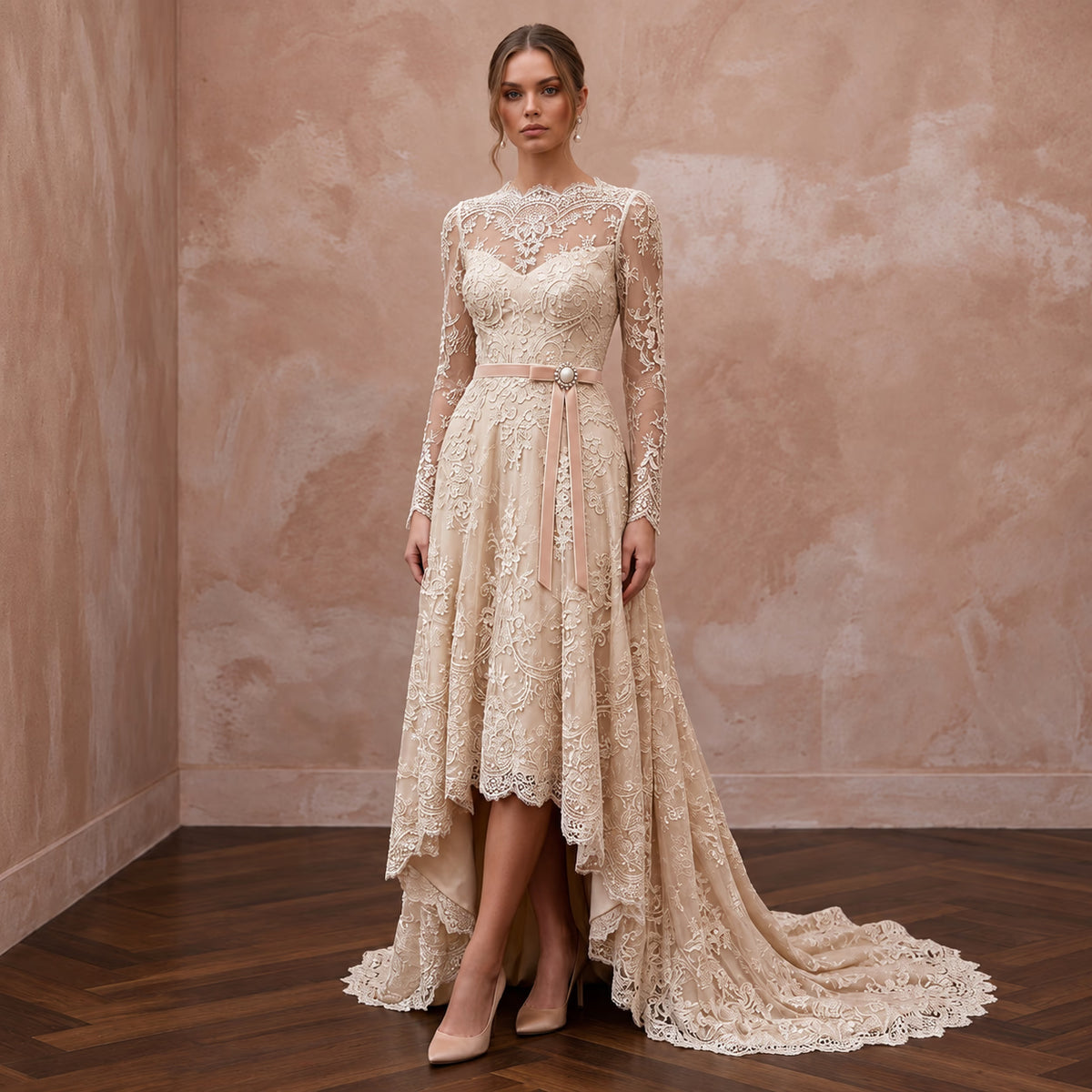 Vintage-Inspired Champagne Lace High-Low Hem Bridal Gown for Garden Vows