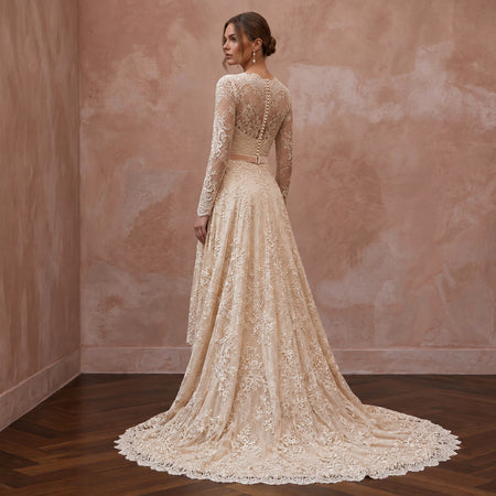 Vintage - Inspired Champagne Lace High - Low Hem Bridal Gown for Garden Vows - Apparel & Accessories > Clothing > Wedding & Bridal Party Dresses > Wedding Dresses - Mignonette Bridal