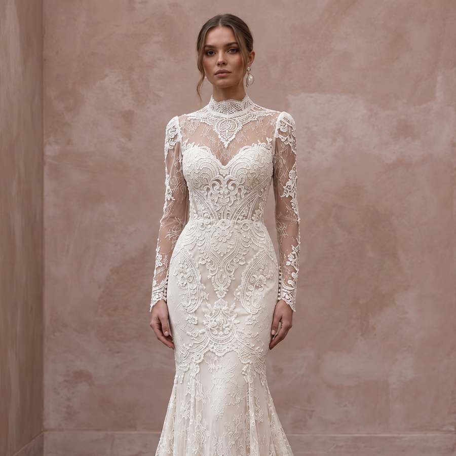 Vintage-Inspired Cream Chantilly Lace Long Sleeve Mermaid Wedding Dress