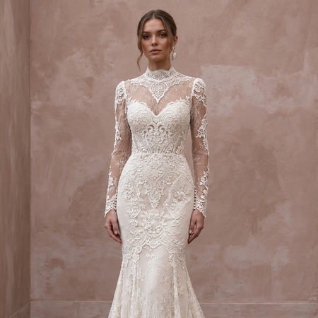 Vintage-Inspired Cream Chantilly Lace Long Sleeve Mermaid Wedding Dress