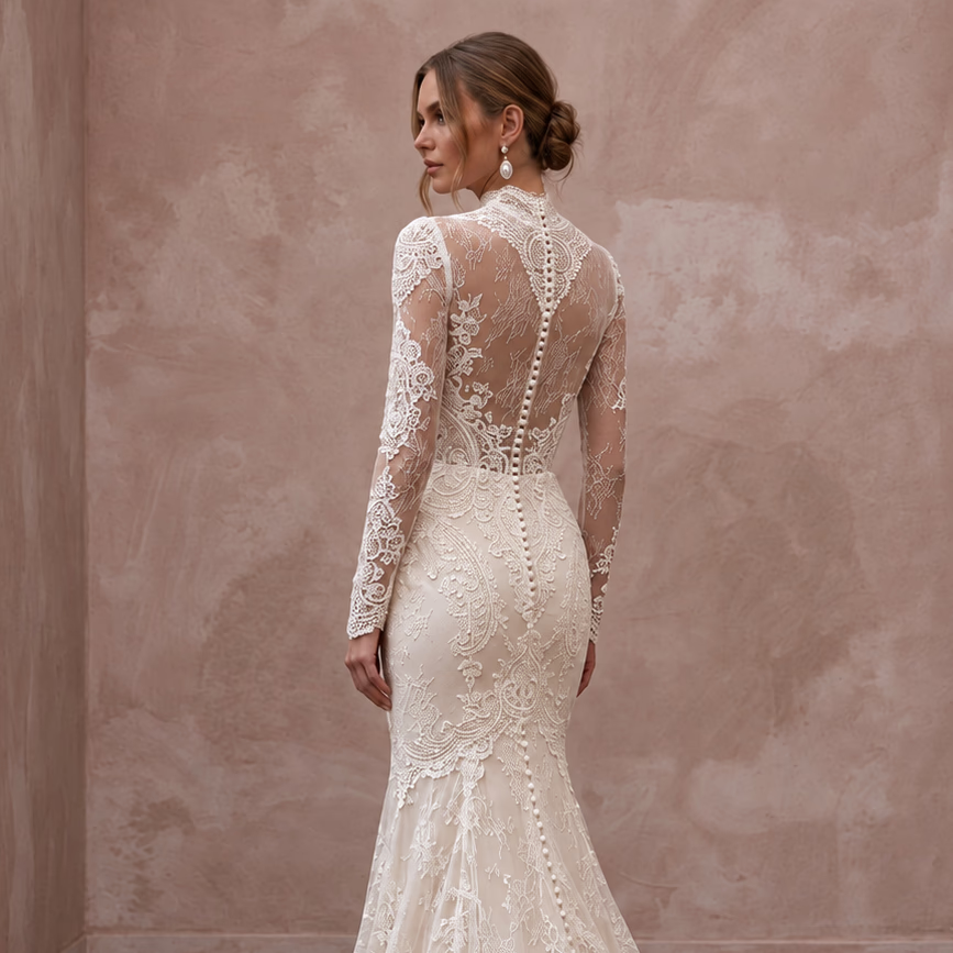 Vintage-Inspired Cream Chantilly Lace Long Sleeve Mermaid Wedding Dress