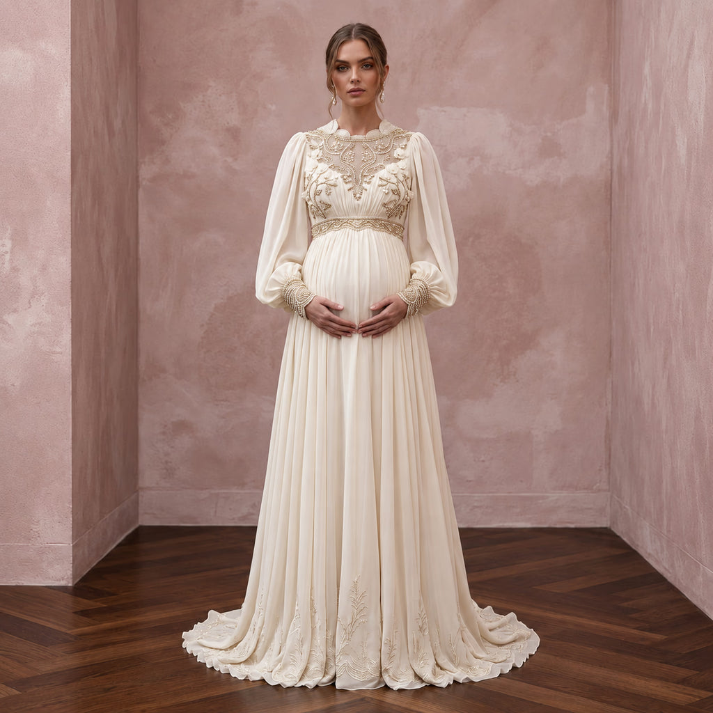 Vintage-Inspired Cream Chiffon Bishop Sleeve Empire Waist Maternity Gown
