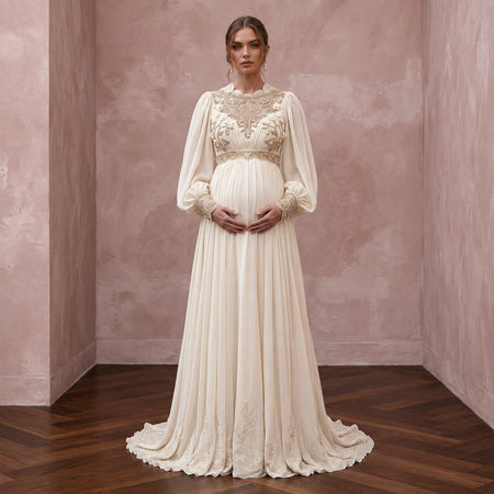Vintage-Inspired Cream Chiffon Bishop Sleeve Empire Waist Maternity Gown