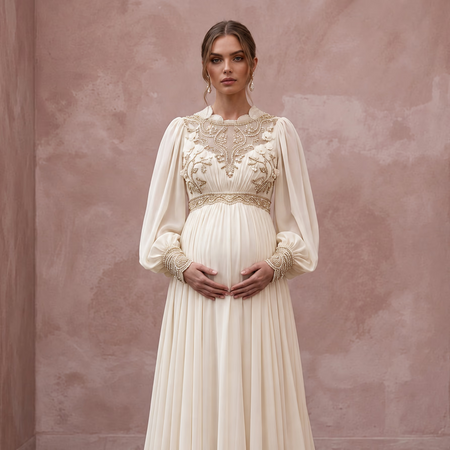 Vintage-Inspired Cream Chiffon Bishop Sleeve Empire Waist Maternity Gown