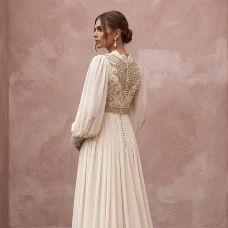 Vintage-Inspired Cream Chiffon Bishop Sleeve Empire Waist Maternity Gown