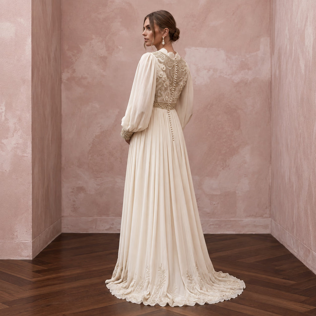 Vintage-Inspired Cream Chiffon Bishop Sleeve Empire Waist Maternity Gown