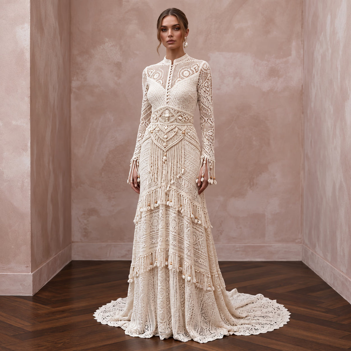 Vintage-Inspired Cream Crochet Lace Long Sleeve Boho Maxi Gown