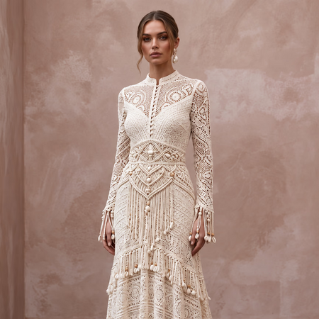 Vintage-Inspired Cream Crochet Lace Long Sleeve Boho Maxi Gown