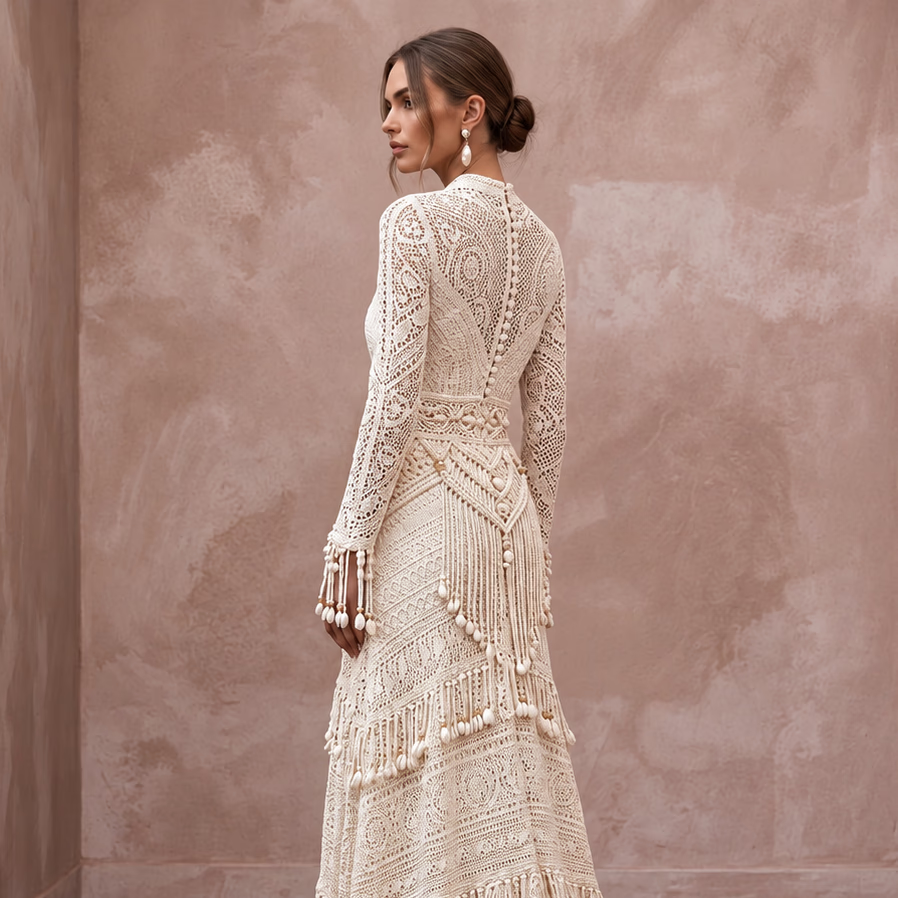 Vintage-Inspired Cream Crochet Lace Long Sleeve Boho Maxi Gown