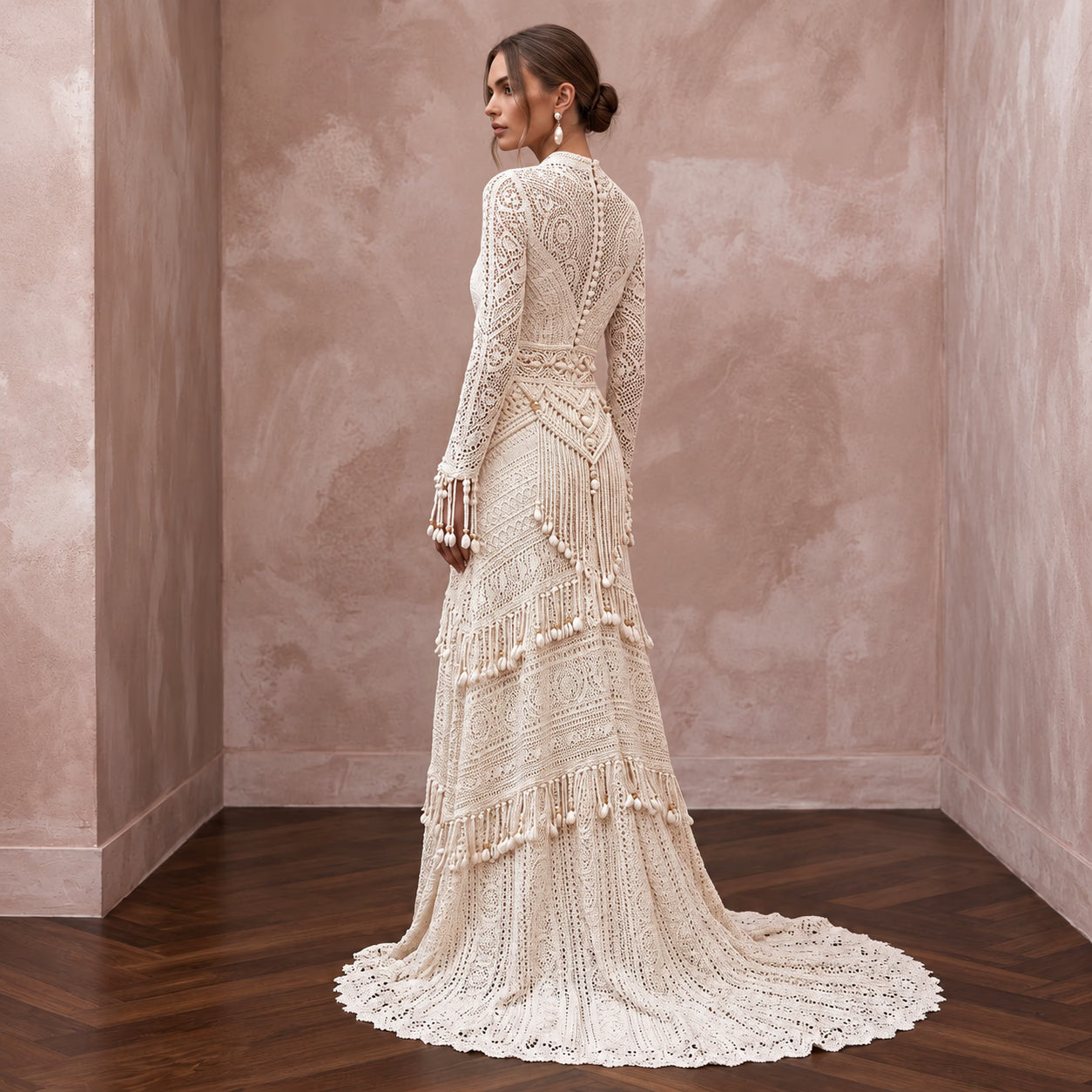Vintage-Inspired Cream Crochet Lace Long Sleeve Boho Maxi Gown Secondary image