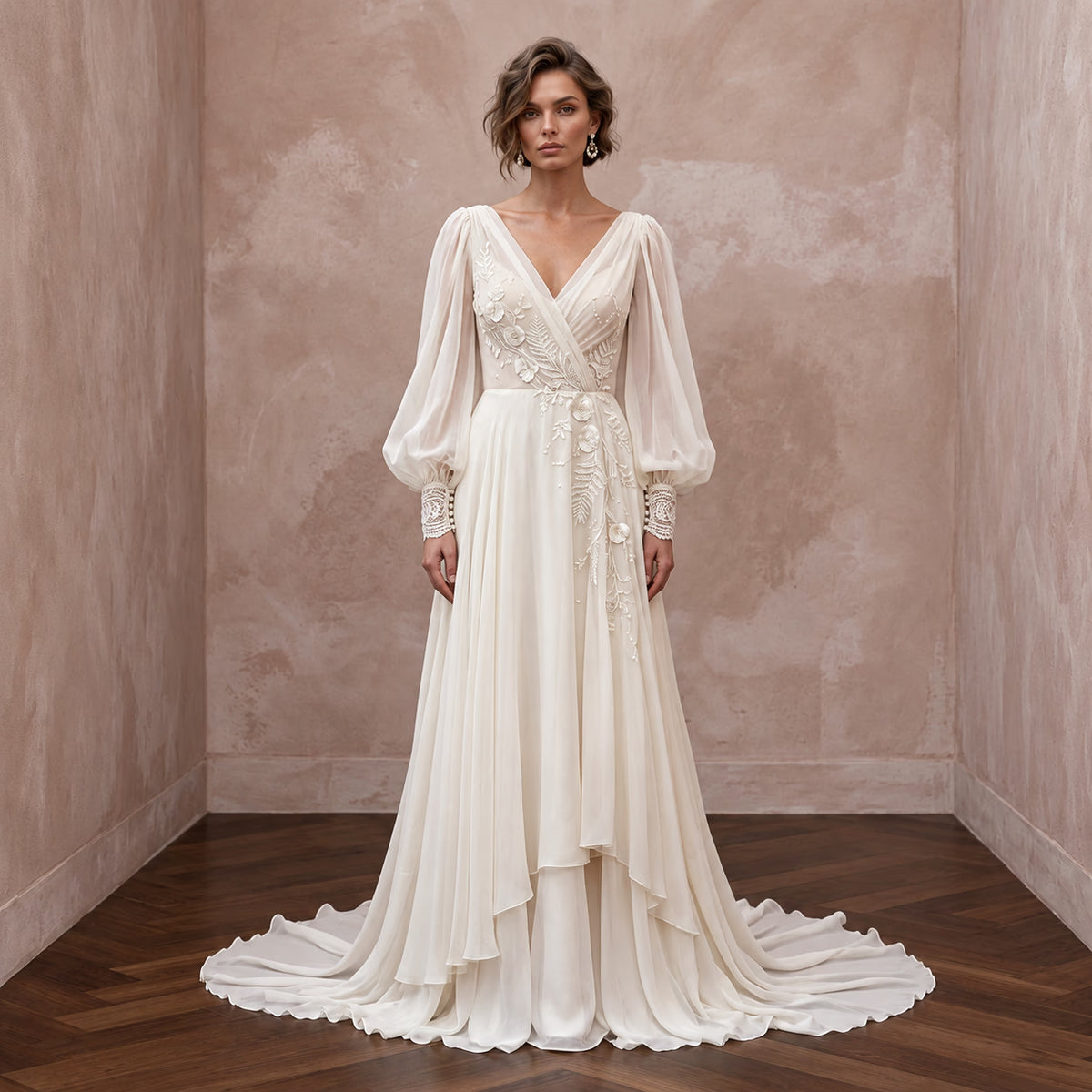 Vintage-Inspired Cream Silk Chiffon Bishop Sleeve Boho Bridal Dress
