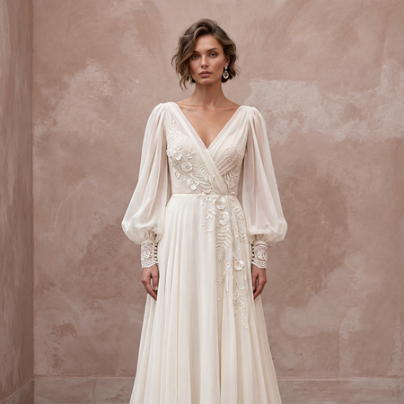 Vintage-Inspired Cream Silk Chiffon Bishop Sleeve Boho Bridal Dress