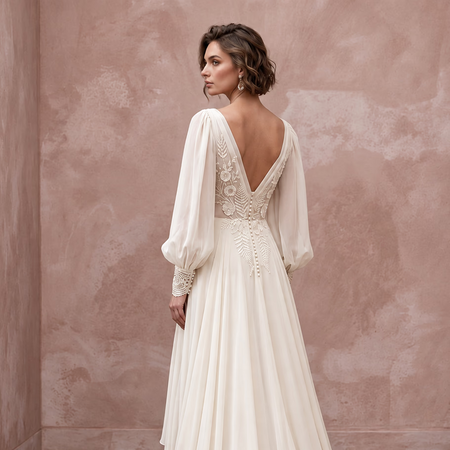 Vintage-Inspired Cream Silk Chiffon Bishop Sleeve Boho Bridal Dress