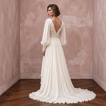 Vintage-Inspired Cream Silk Chiffon Bishop Sleeve Boho Bridal Dress