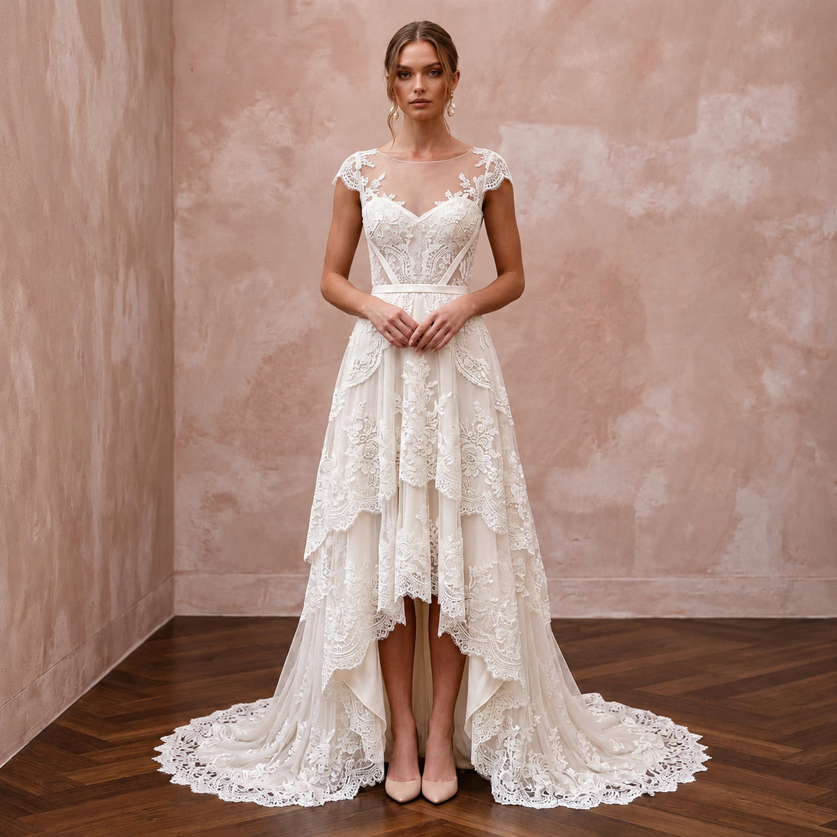 Vintage-Inspired Ivory French Lace High-Low Hem Beach Wedding Gown